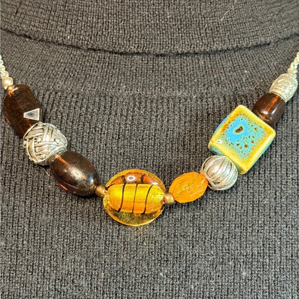 SAQ Artisan Beaded Necklace Amber Glass Ceramic Mixed Beads Boho Statement